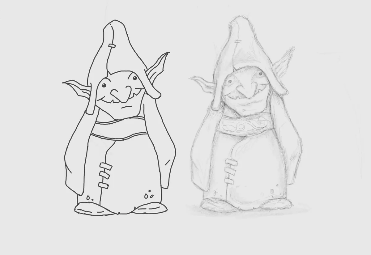 Two pencil sketches of a cartoonish goblin-like creature side-by-side; the left is a clean line drawing with a simple…