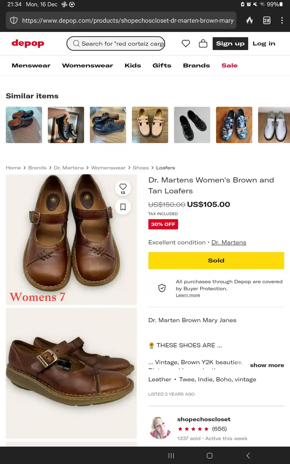 A Depop product listing for Dr. Martens women's brown and tan loafers, priced at $105 after a 30% discount, with a 'Sold'…