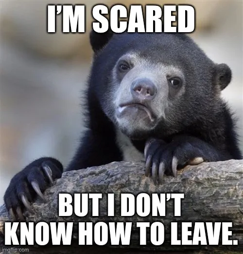 A close-up photo of a black bear with a worried, anxious expression, resting its paws on a log. The bear has large, wide…
