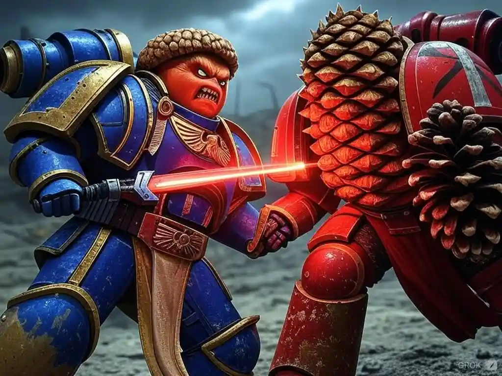 Two heavily armored warriors, one in blue and one in red, are locked in combat with a glowing sword. The red-armored warrior…