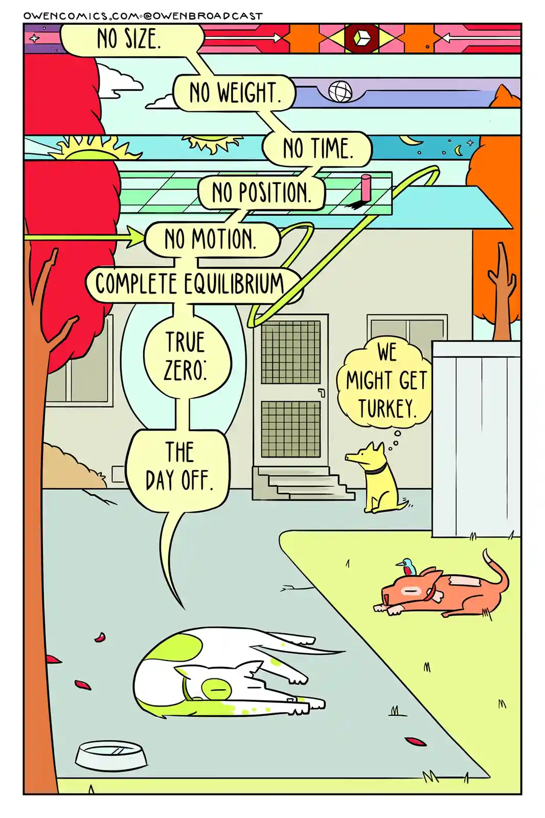 A cartoon depicts two dogs resting outside a house, one lying on the sidewalk and another sleeping on the lawn with a bird…