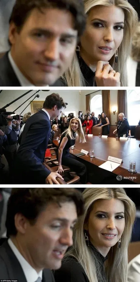 A three-panel meme showing Canadian Prime Minister Justin Trudeau and Ivanka Trump. The top panel shows Trudeau looking smug…