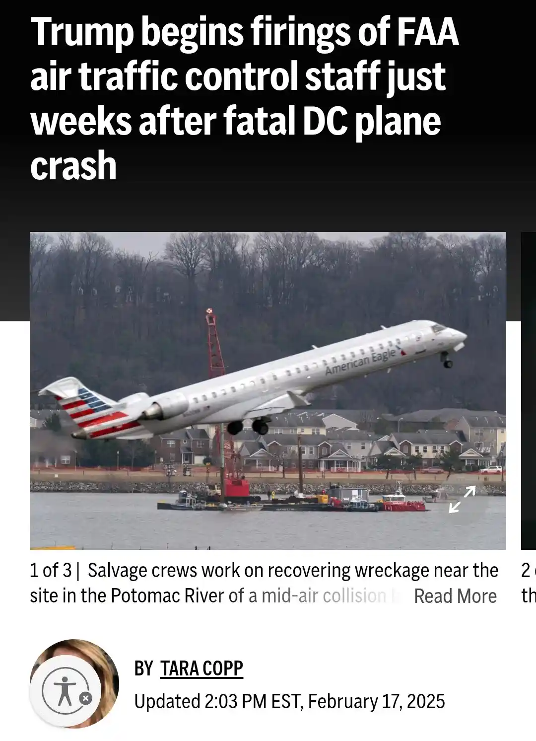The image shows a news article screenshot with a headline about Trump firing FAA staff after a plane crash. The photo…