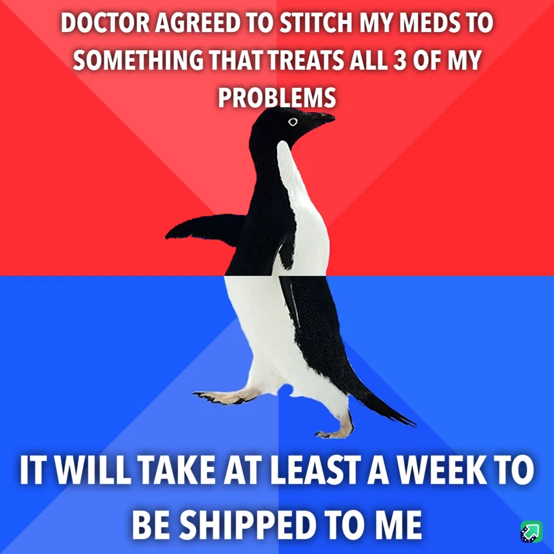 A penguin stands centered against a red and blue background, with white text overlaid in two sections. The top text reads…