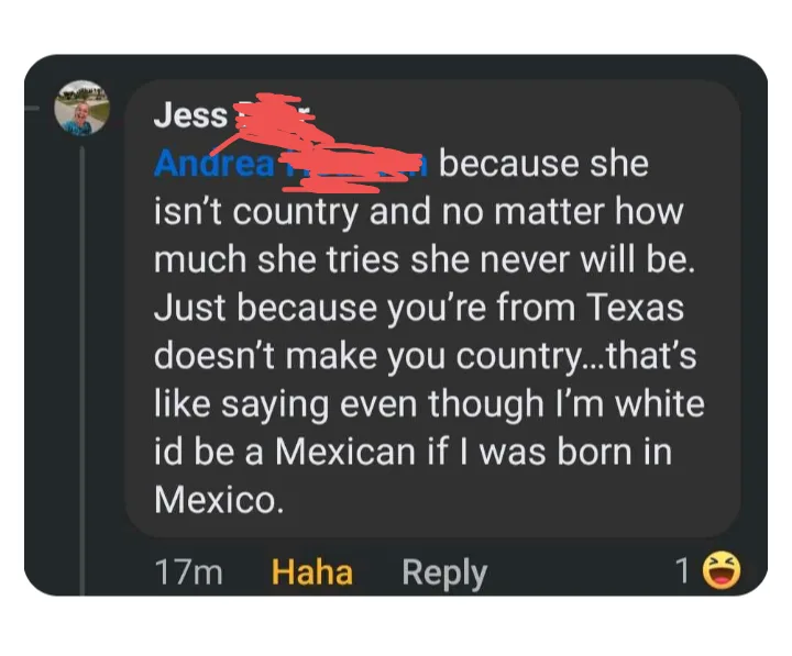 A screenshot of a social media comment where the name 'Andrea' is redacted with scribbles. The comment argues that being…