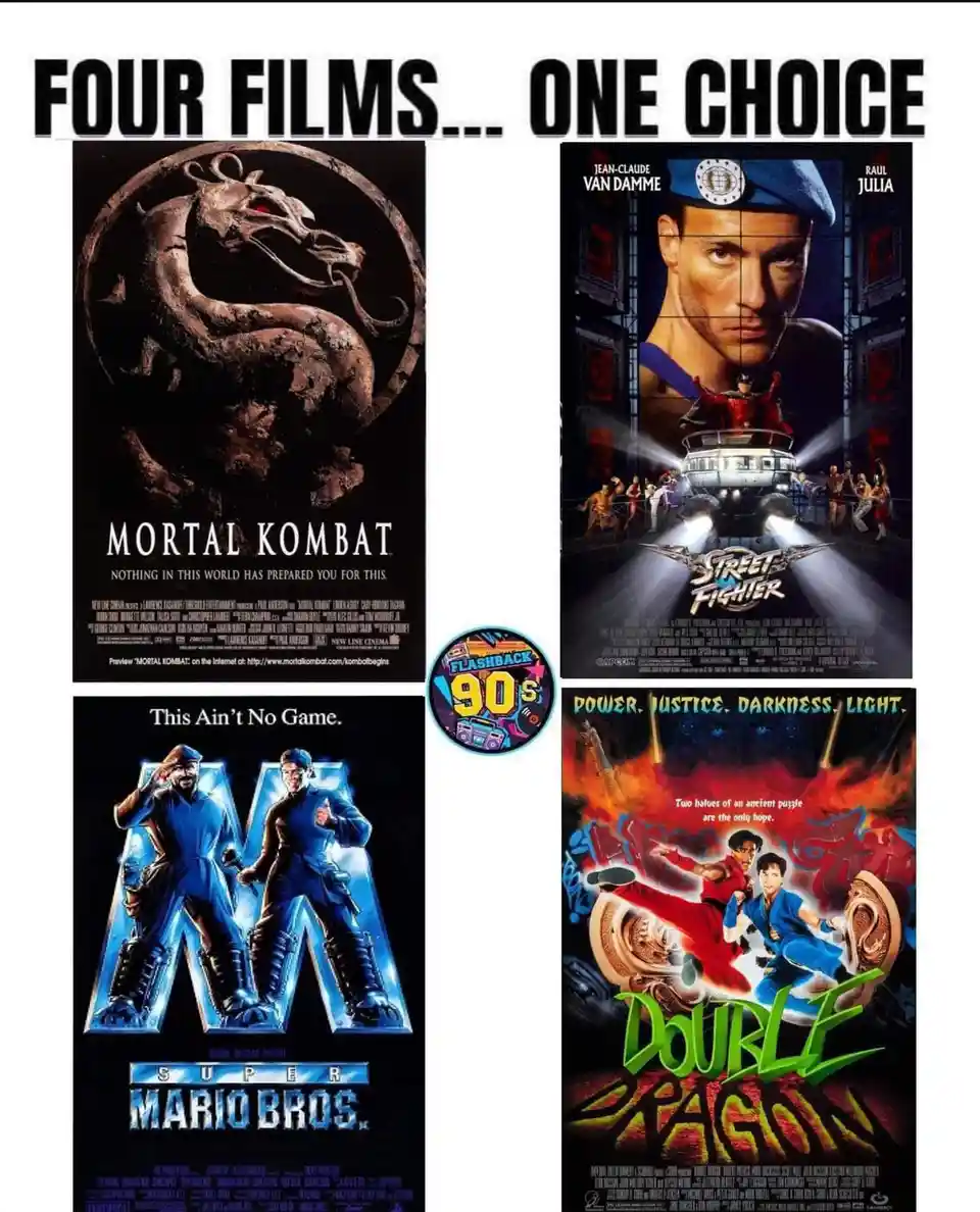 The image displays four side-by-side movie posters from the 1990s: 'Mortal Kombat', 'Street Fighter', 'Super Mario Bros.'…