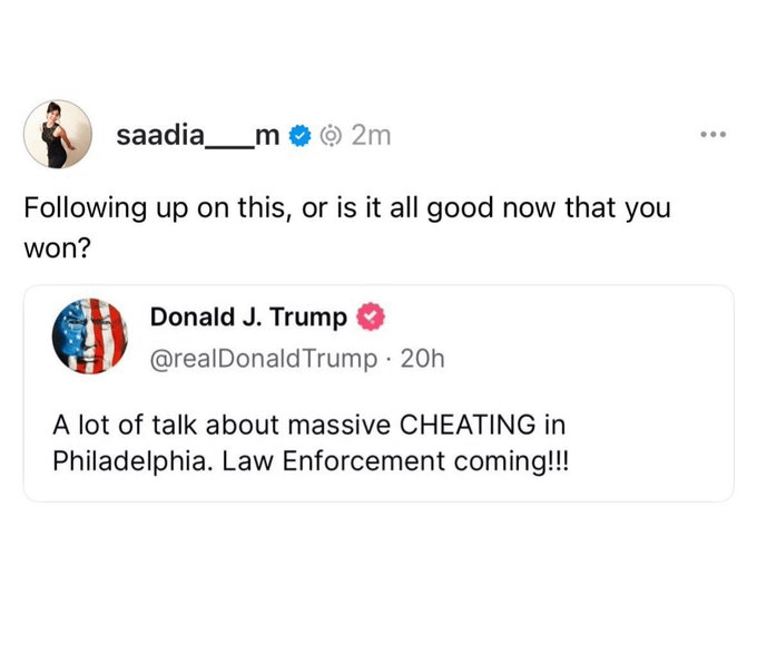 A screenshot of a Twitter thread shows user 'saadia__m' replying to a tweet from Donald J. Trump. Trump's tweet, posted 20…