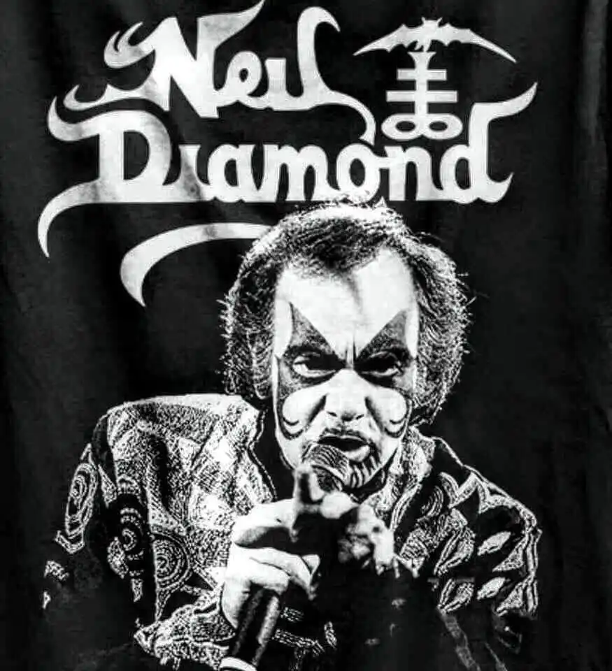 A black and white image shows a man with dramatic clown-like makeup holding a microphone, overlaid with the text 'Neil…