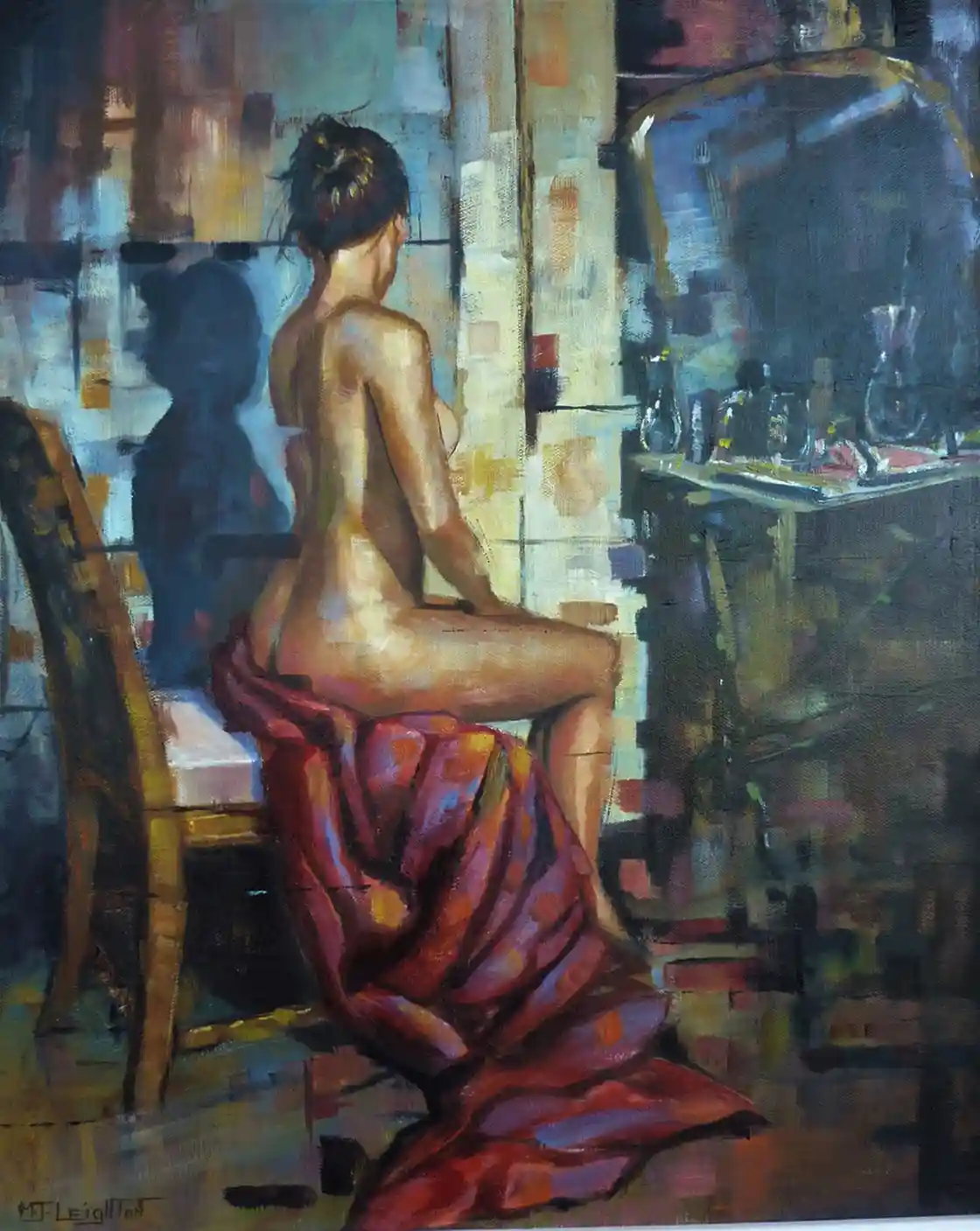 A painting depicts a nude woman sitting on a chair with a red cloth draped over her lap, facing away from the viewer toward…