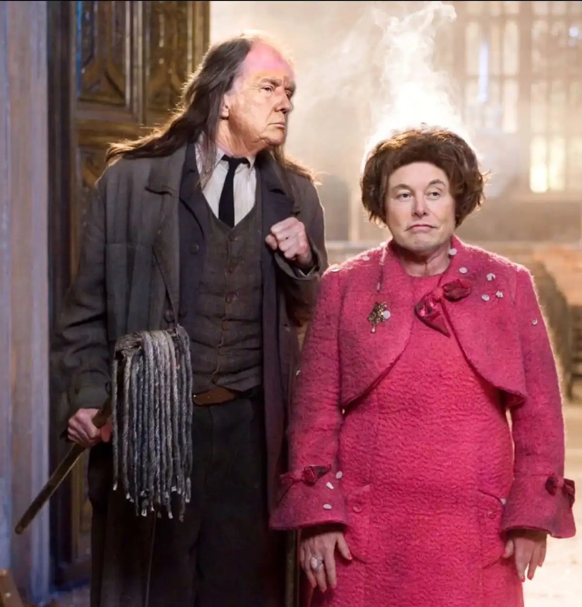 Two characters from the Harry Potter films, Albus Dumbledore and Minerva McGonagall, stand side by side in a grand hall…