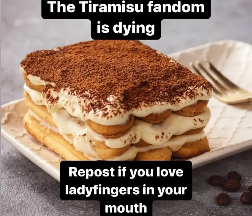 A close-up photo of a layered tiramisu dessert with ladyfinger cookies and mascarpone cream, dusted with cocoa powder…