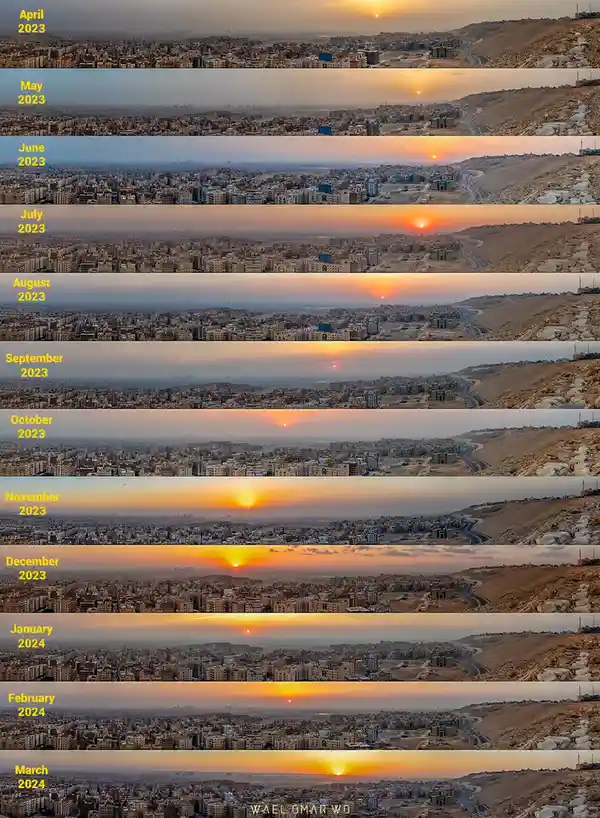A vertical collage of 12 photos showing the same cityscape at sunset over 12 months from April 2023 to March 2024, with each…