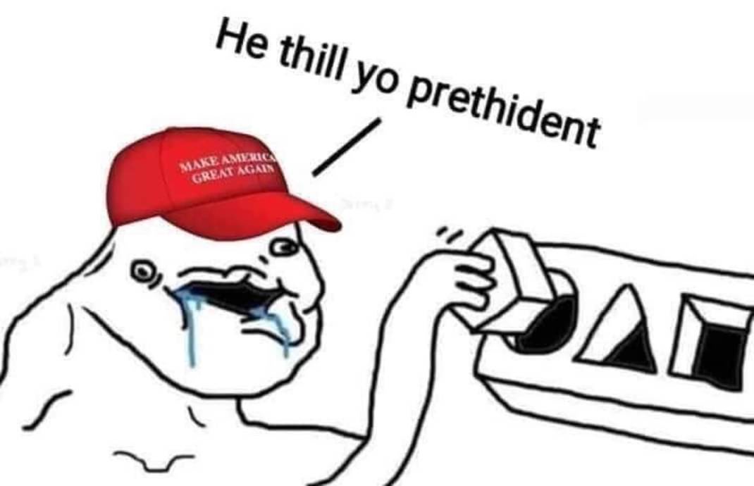 A crudely drawn, crying white cartoon figure wearing a red 'MAKE AMERICA GREAT AGAIN' cap, with a hand holding a piece of…