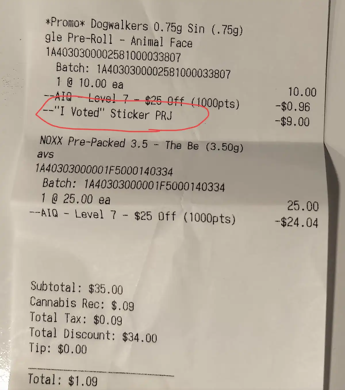 A receipt from a cannabis store shows a line item for an "I Voted" sticker priced at $9.00, circled in red ink, which is a…
