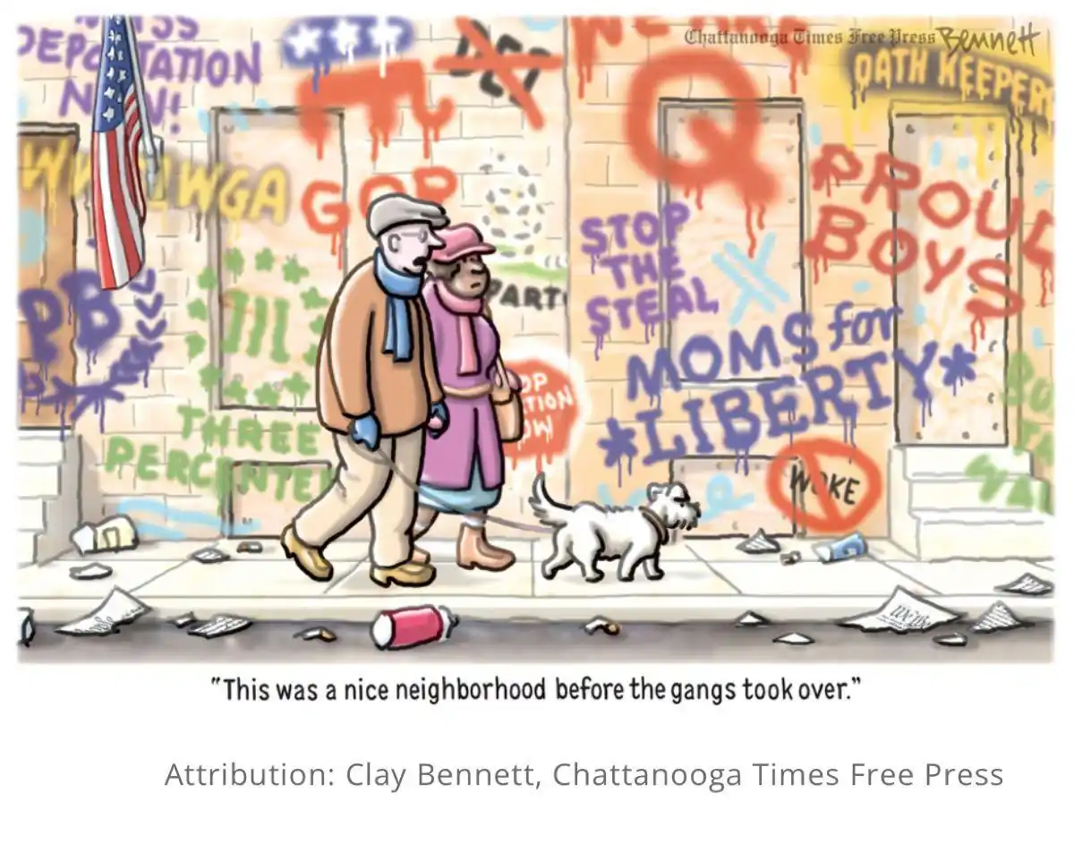 A cartoon depicts an elderly couple walking their small white dog down a sidewalk littered with trash. The brick wall behind…