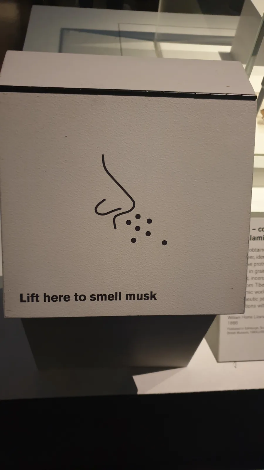 A white museum display box features a simple black line drawing of a nose with dots representing scent, and the text 'Lift…