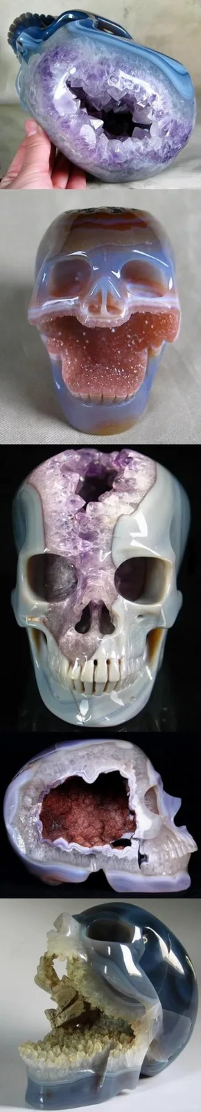 The image displays five views of a carved agate skull, showcasing its polished exterior and the crystalline geode formations…