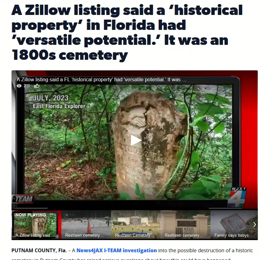 The image shows a screenshot of a news article with a headline about a Zillow listing that described an 1800s cemetery in…
