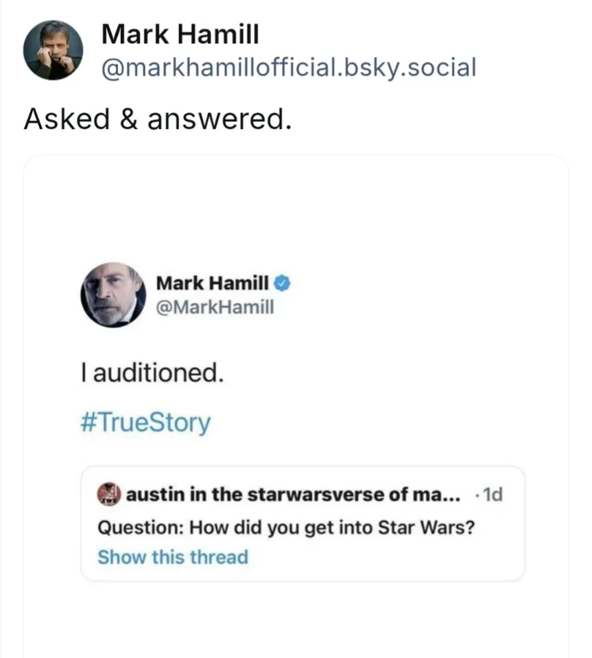 A screenshot of a social media thread shows Mark Hamill replying to a fan question about how he got into Star Wars with the…