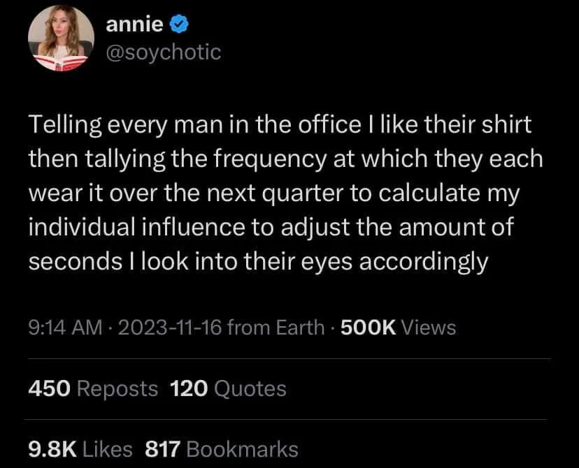 A screenshot of a tweet by user 'annie' (@soychotic) with a black background and white text. The tweet humorously describes…