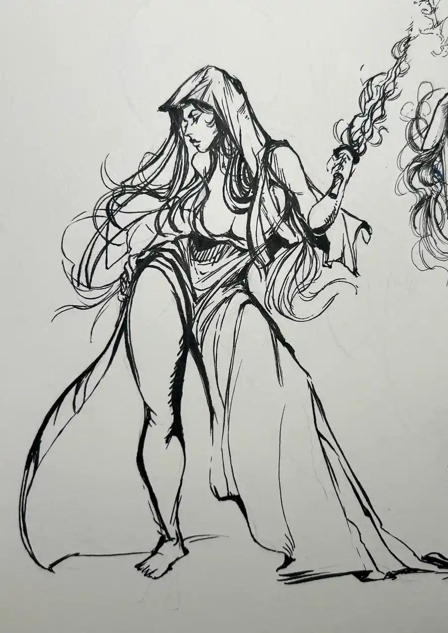 A black-and-white ink sketch depicts a hooded woman with long flowing hair, wearing a revealing robe and barefoot, holding a…