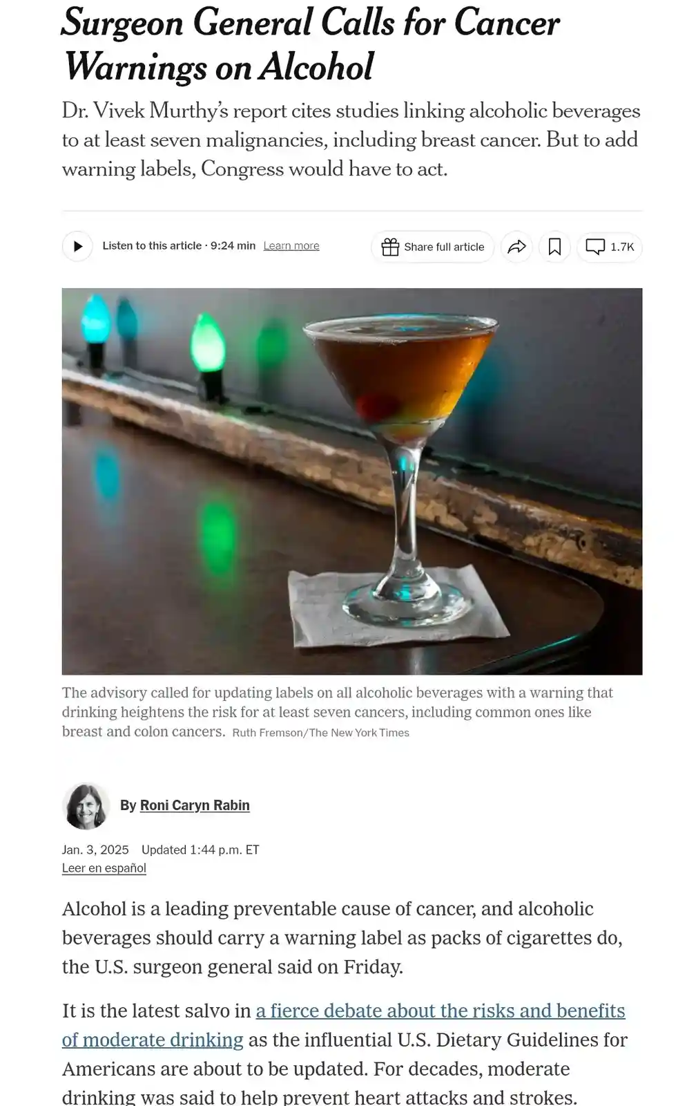 A news article screenshot shows a cocktail in a martini glass on a bar with green lights, overlaid with the headline…