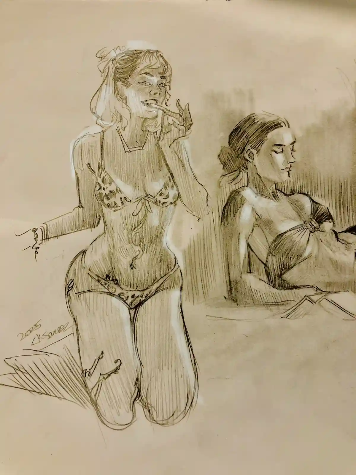 A sepia-toned sketch shows two women in lingerie; the woman on the left, kneeling and applying lipstick, has a smug…