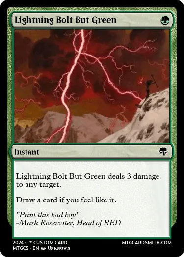 A custom Magic: The Gathering card titled 'Lightning Bolt But Green' shows a snowy mountain scene with red lightning bolts…