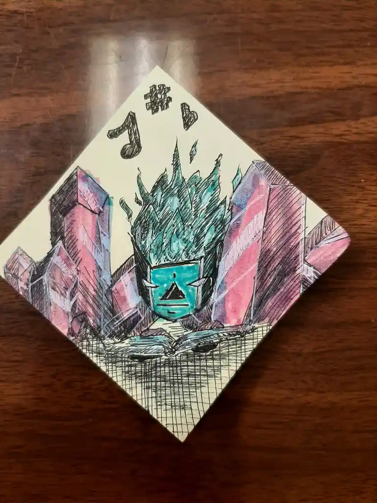 A hand-drawn illustration on a diamond-shaped piece of paper shows a teal, masked, spiky-haired character sitting amidst…