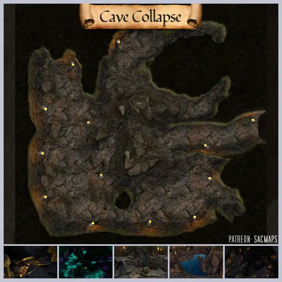 A top-down fantasy cave map titled 'Cave Collapse' on a scroll, showing a jagged, rocky terrain with scattered torches…