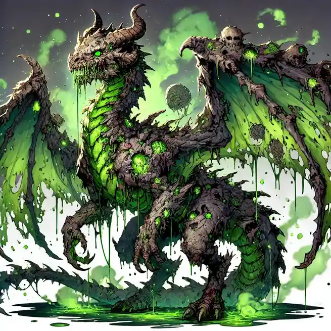 A grotesque, monstrous dragon with a decaying, skeletal appearance is covered in dripping green goo and glowing green…