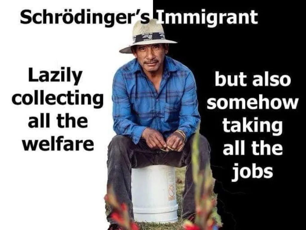 A man in a blue plaid shirt and straw hat sits on a white bucket outdoors. Text overlays the image: 'Schrödinger's…