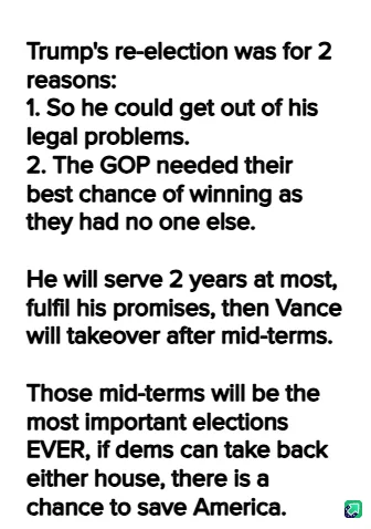 A black-and-white image displays a block of text outlining a political theory about Donald Trump's re-election, his…