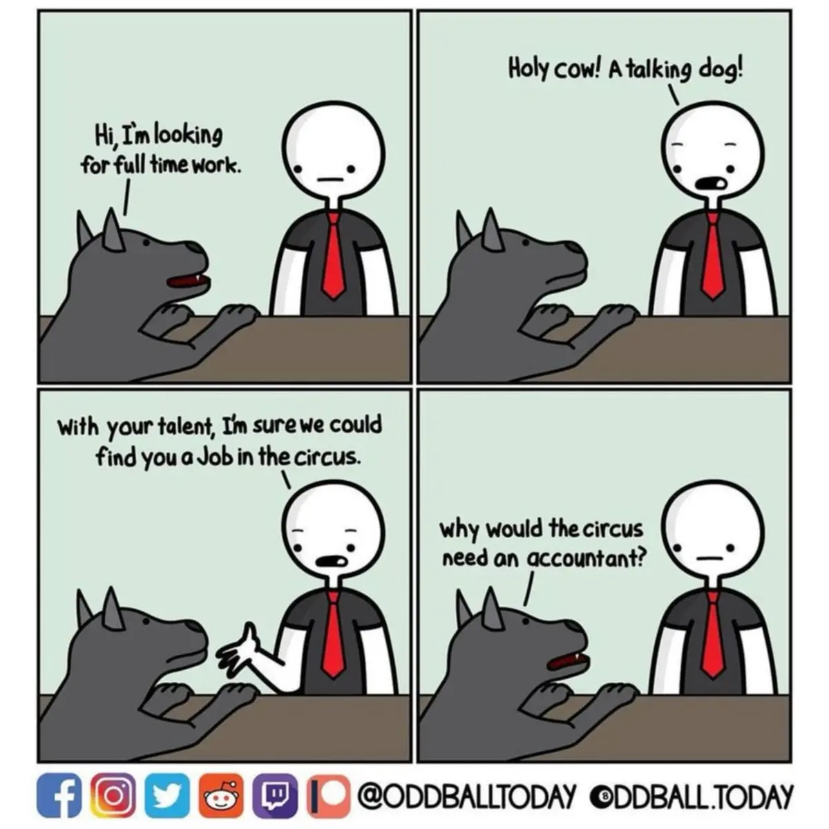 A four-panel comic shows a dog applying for a job at a desk with a human interviewer. The dog says it's looking for…