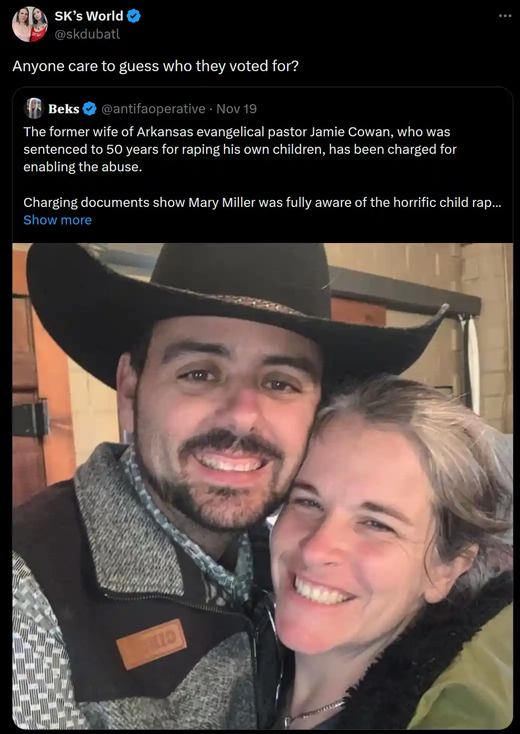 A screenshot of a tweet from 'SK's World' asking viewers to guess who the smiling man and woman in the photo voted for. The…