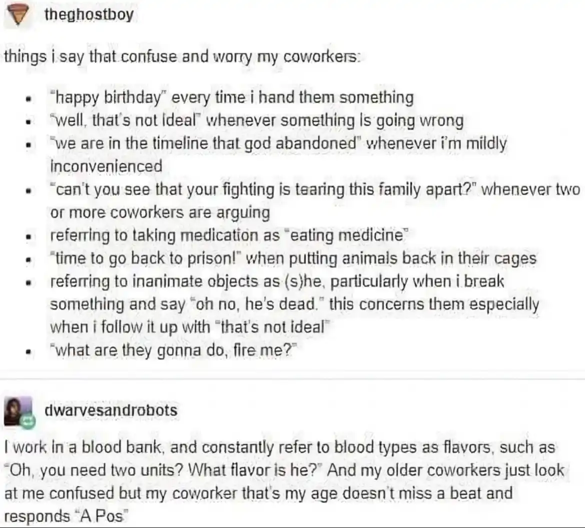 A screenshot of a Reddit post by 'theghostboy' listing bizarre phrases he says that confuse and worry coworkers, such as…