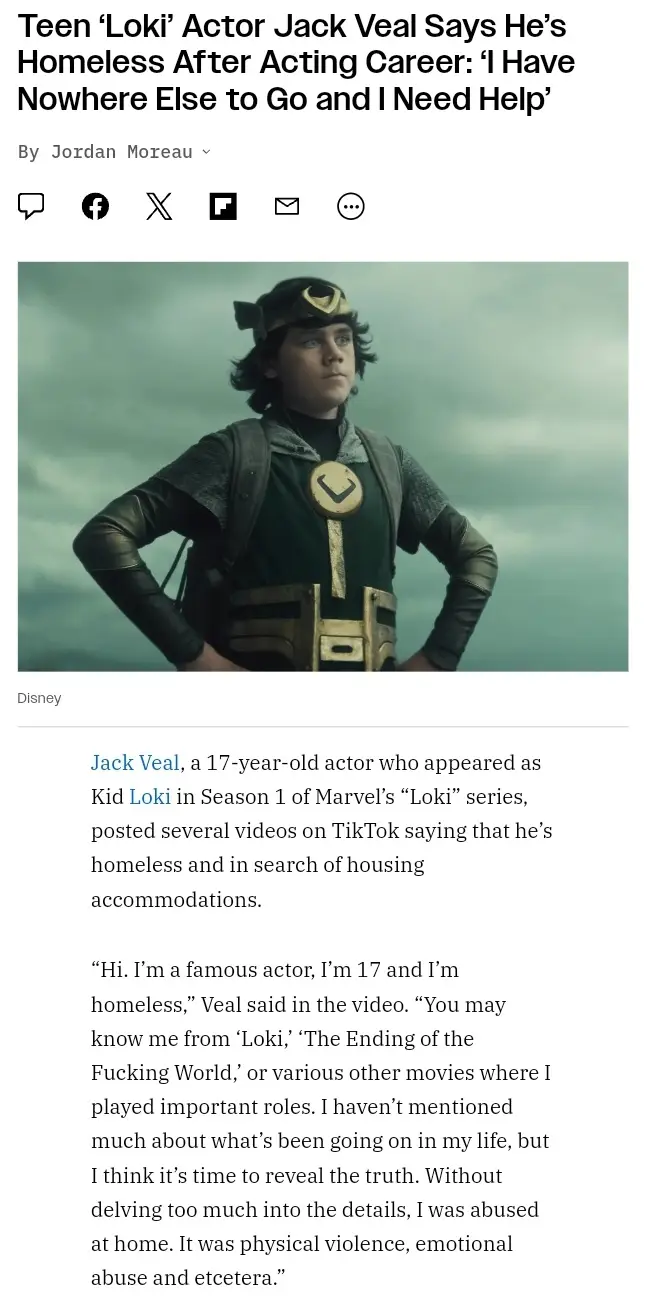 A screenshot of a news article about actor Jack Veal, who played Kid Loki in the Marvel series, shows him in his green and…