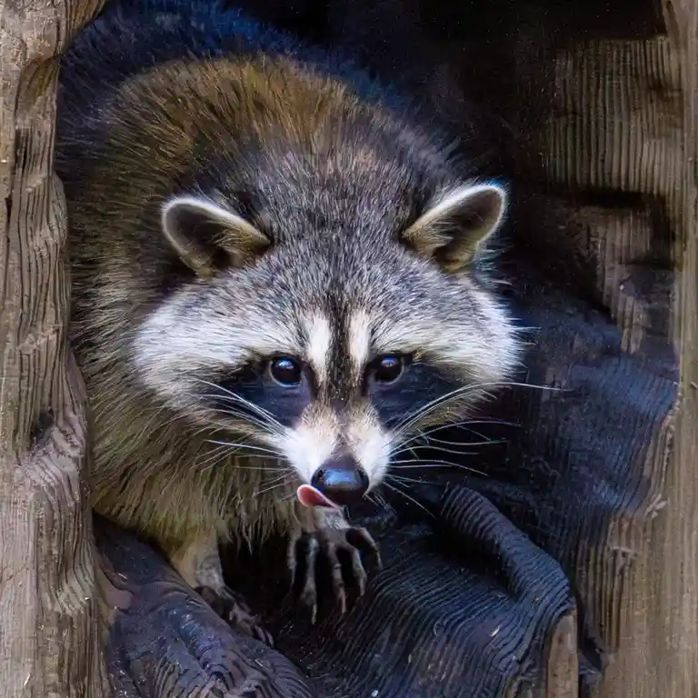 A raccoon peers out from a dark wooden hole, licking its paw with a focused expression. The overlaid text reads 'i'm not a…