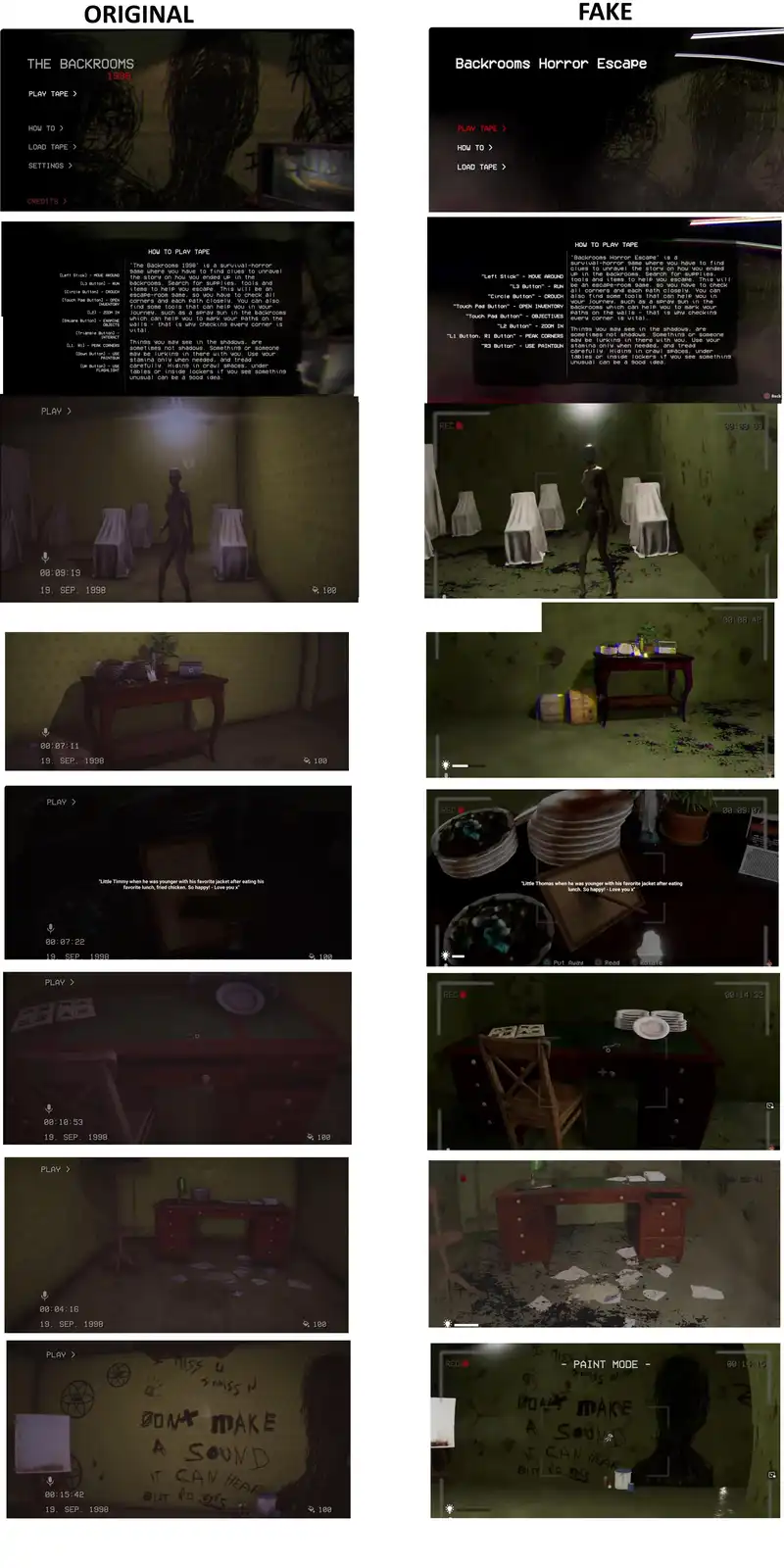 This meme compares the original 'The Backrooms 1998' game with a fake version called 'Backrooms Horror Escape'. Both show…