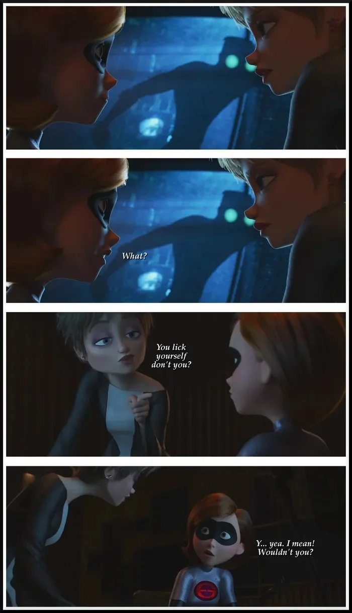A four-panel meme from the movie 'Incredibles 2' showing two characters in a car at night. The first panel shows them facing…