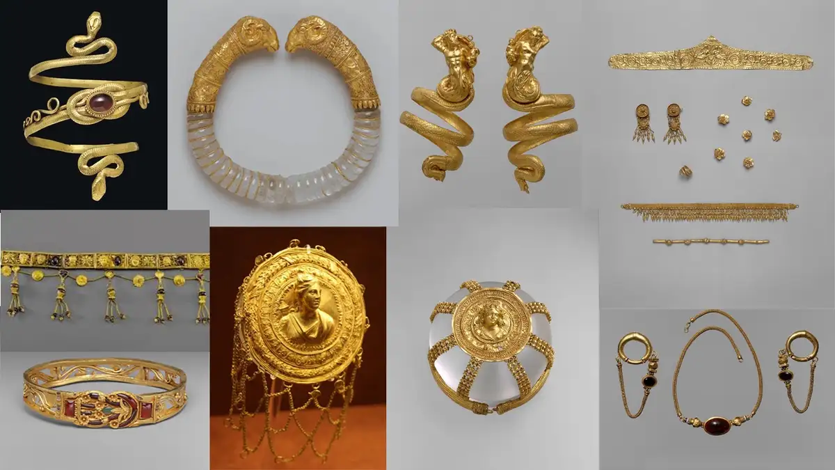A collage of ten different ancient Greek gold jewelry pieces, including snake-shaped bracelets, eagle-headed armlets…