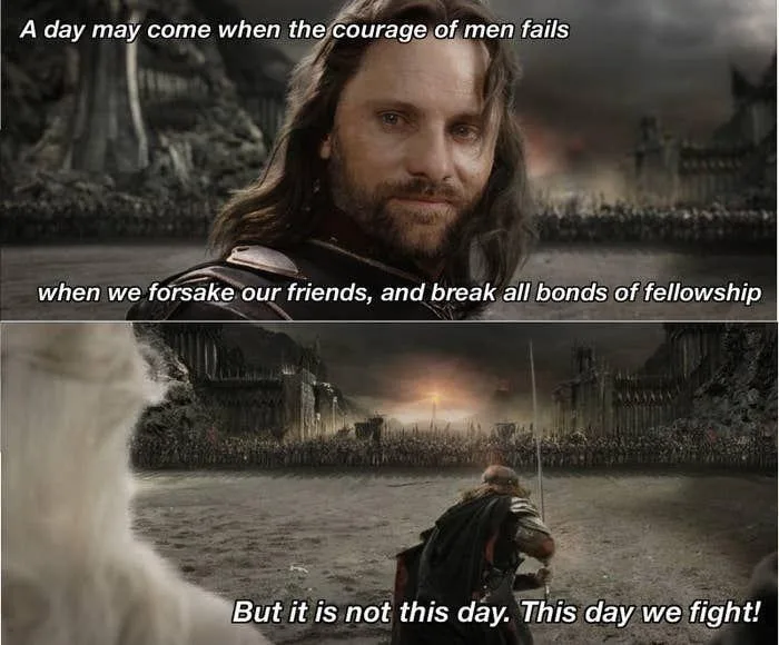 The meme features two panels from 'The Lord of the Rings'. The top panel shows Aragorn looking resolute with text overlaying…