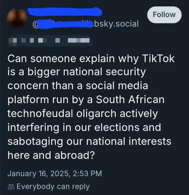 A screenshot of a post from a social media platform, likely Bluesky, showing a user's question asking why TikTok is…
