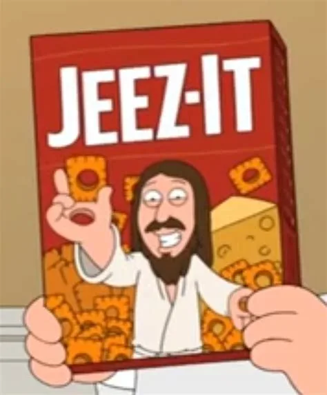 A cartoon image shows a hand holding a red cereal box labeled 'JEEZ-IT'. The box features a smiling, bearded man resembling…