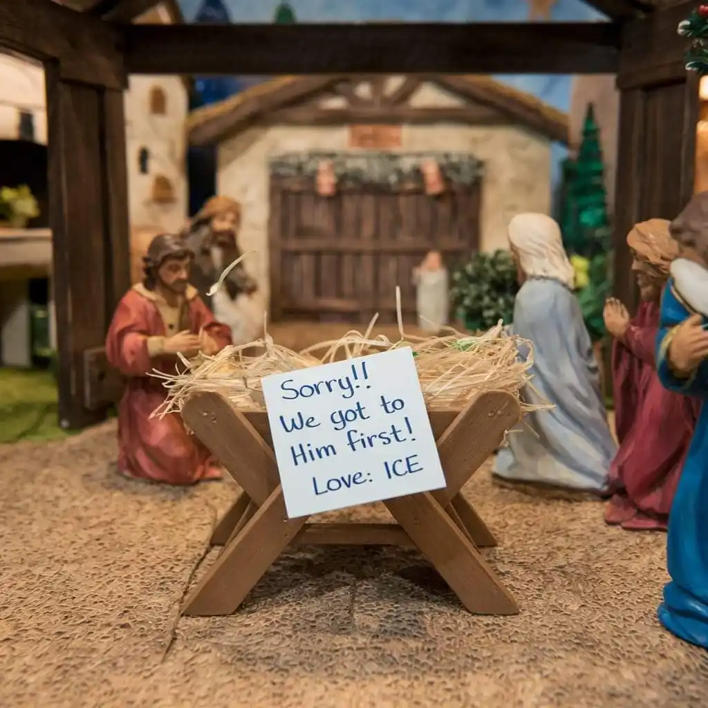 A nativity scene with figurines of Mary, Joseph, and other characters surrounding a manger. A handwritten note in the manger…