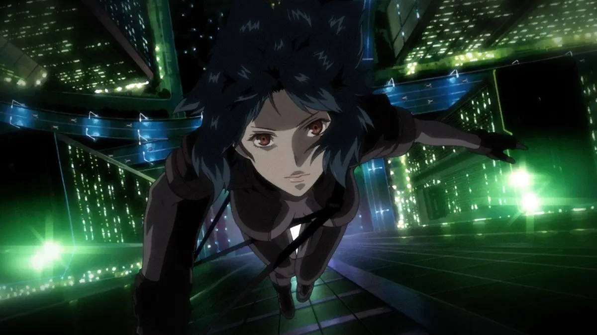 An anime character with dark hair and red eyes is shown falling or gliding through a neon-lit, futuristic cityscape at…