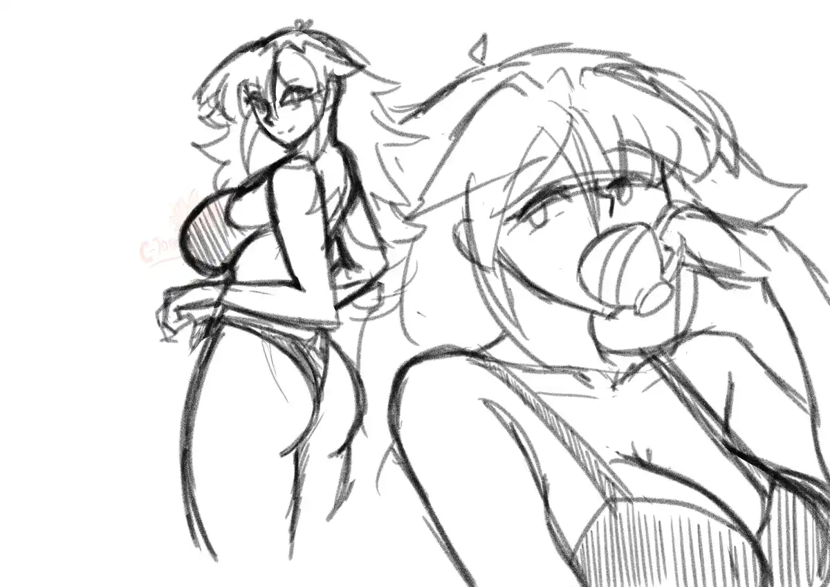 A black-and-white sketch shows two anime-style characters. The character on the right is holding a cup to their mouth with a…
