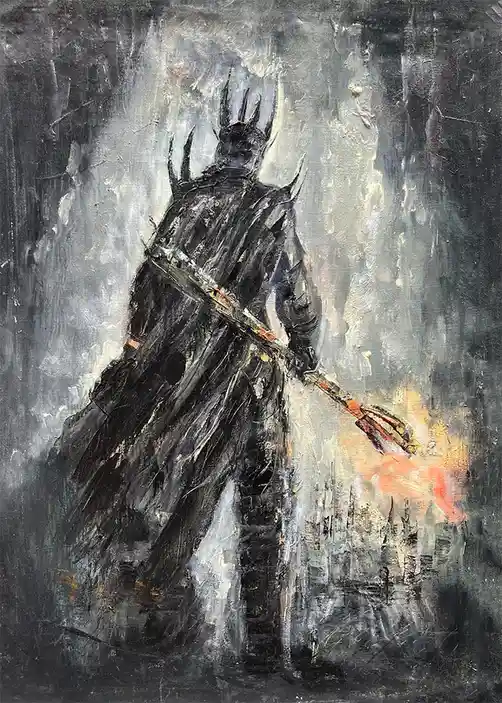 A dark, textured painting shows a cloaked, spiky-crowned figure from behind, holding a flaming torch. The figure stands in a…
