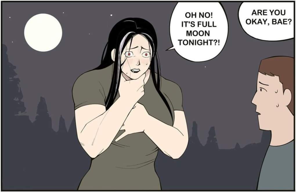 A cartoon woman with long black hair and wide eyes looks terrified, clutching her throat under a full moon, while a man…