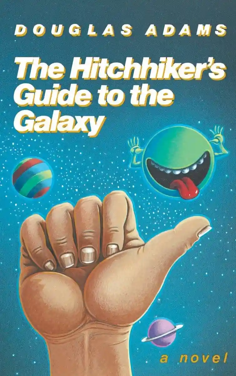 The cover of Douglas Adams' novel 'The Hitchhiker's Guide to the Galaxy' shows a large human hand pointing upward against a…
